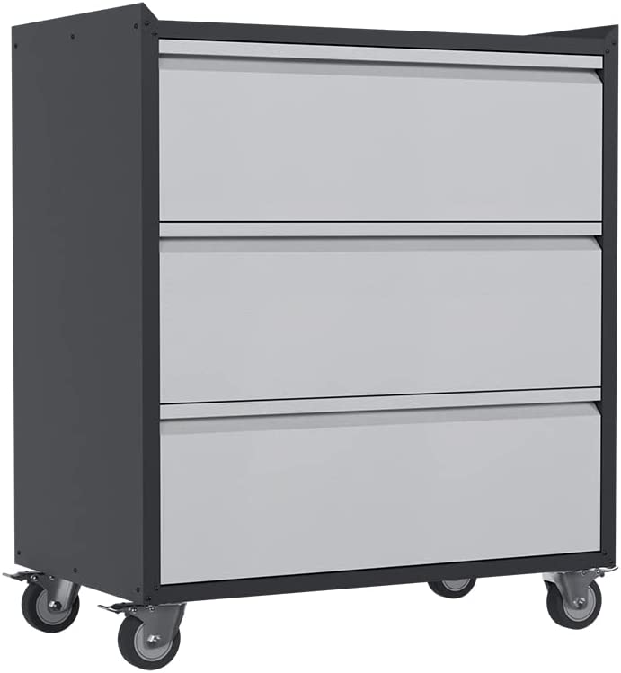 Reemoon Rolling Garage Storage Cabinet with Wheels， Metal Tool Storage Cabinet with 3 Drawers， Black &amp; Gray