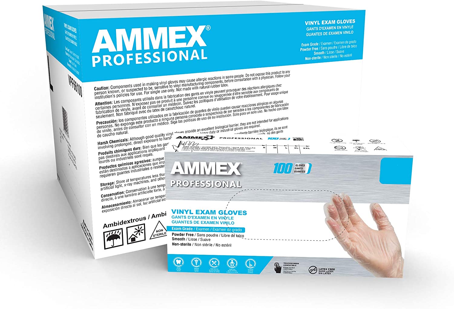 AMMEX Clear Vinyl Disposable Exam/Medical Gloves, 3 Mil, Latex/Powder-Free, Food-Safe, Smooth, Non-Sterile X-Large Box of 100