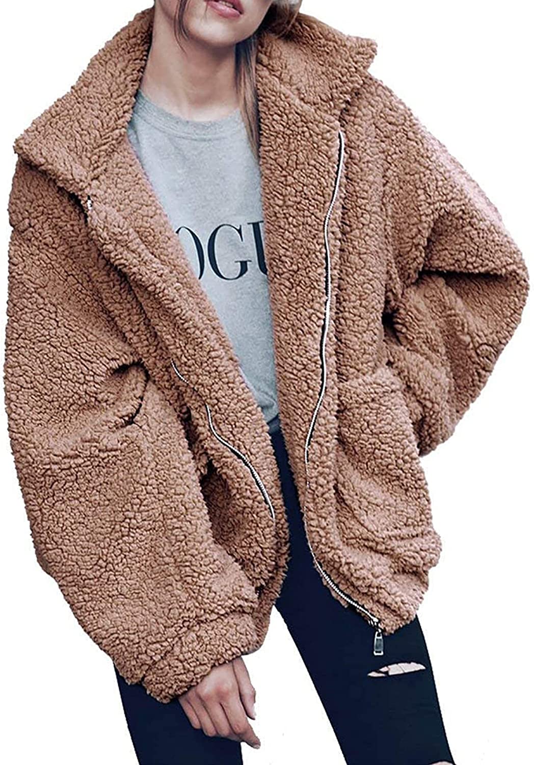 PRETTYGARDEN Women's 2023 Fashion Winter Coat Long Sleeve Lapel Zip Up Faux Shearling Shaggy Oversized Shacket Jacket