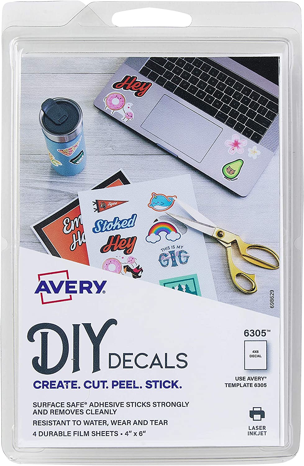 Avery Surface Safe Printable Decal Stickers, Removable Adhesive, 4" x 6", Water & Tear Resistant, 4 Labels (6305)