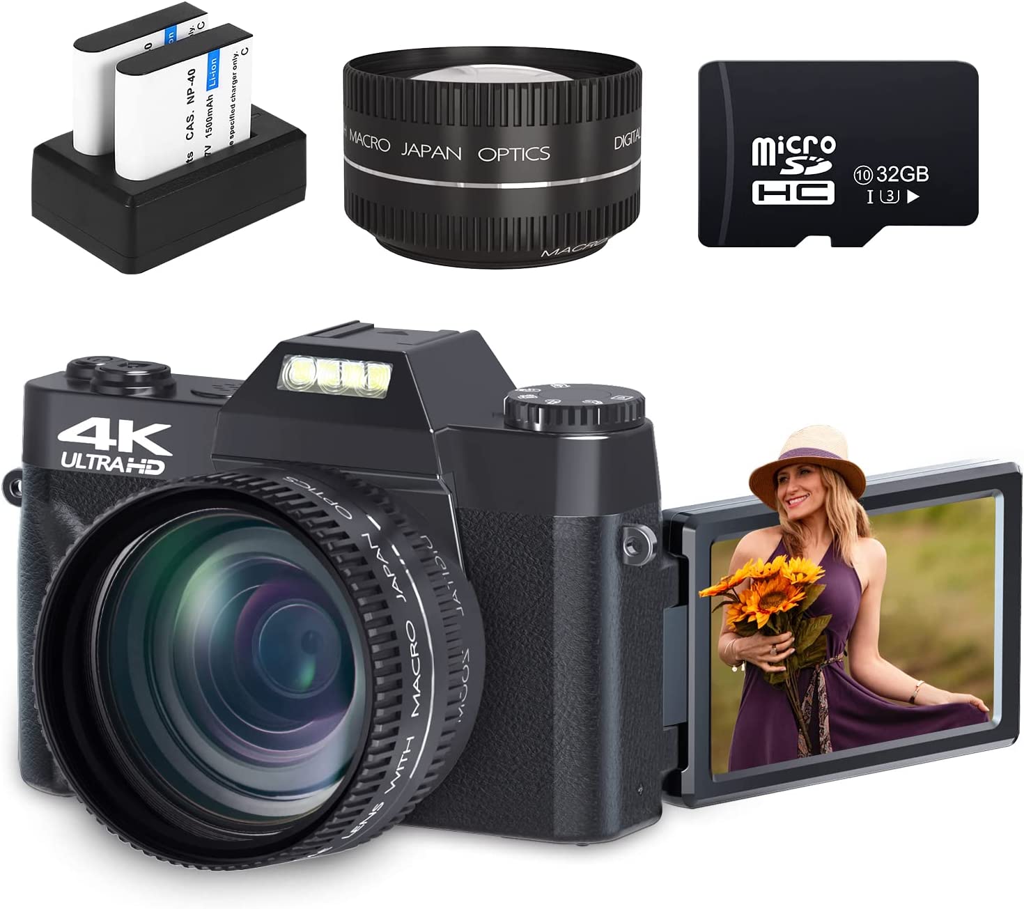 Digital Cameras for Photoggraphy, 4K Vlogging Camera for YouTube with Built-in Fill Light, 16X Digital Zoom, Manual Focus, 52mm Wide Angle Lens & Macro Lens, 32GB TF Card and 2 Batteries
