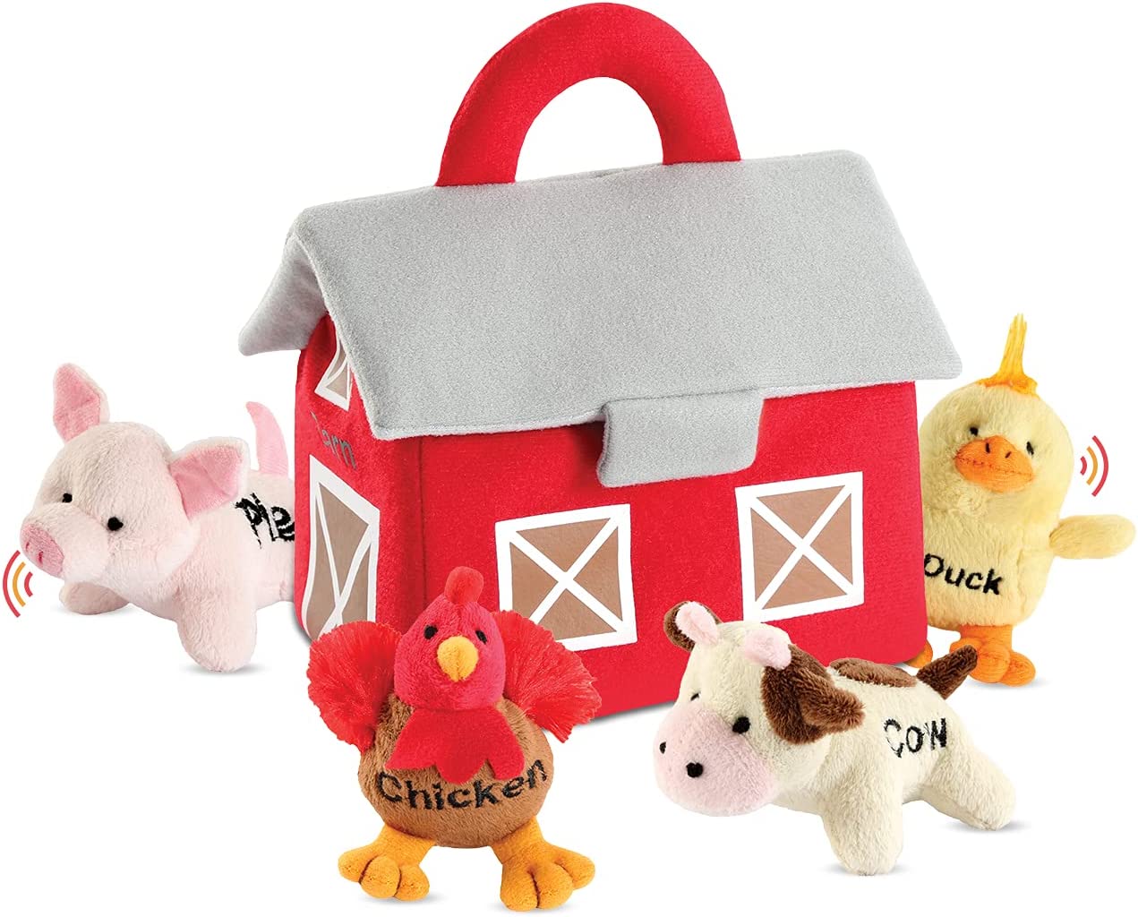 Bundaloo Plush Farm Animal Toys with Sounds - Plushie Play Set with Cute Talking Barn Animals in a Barn Carrier