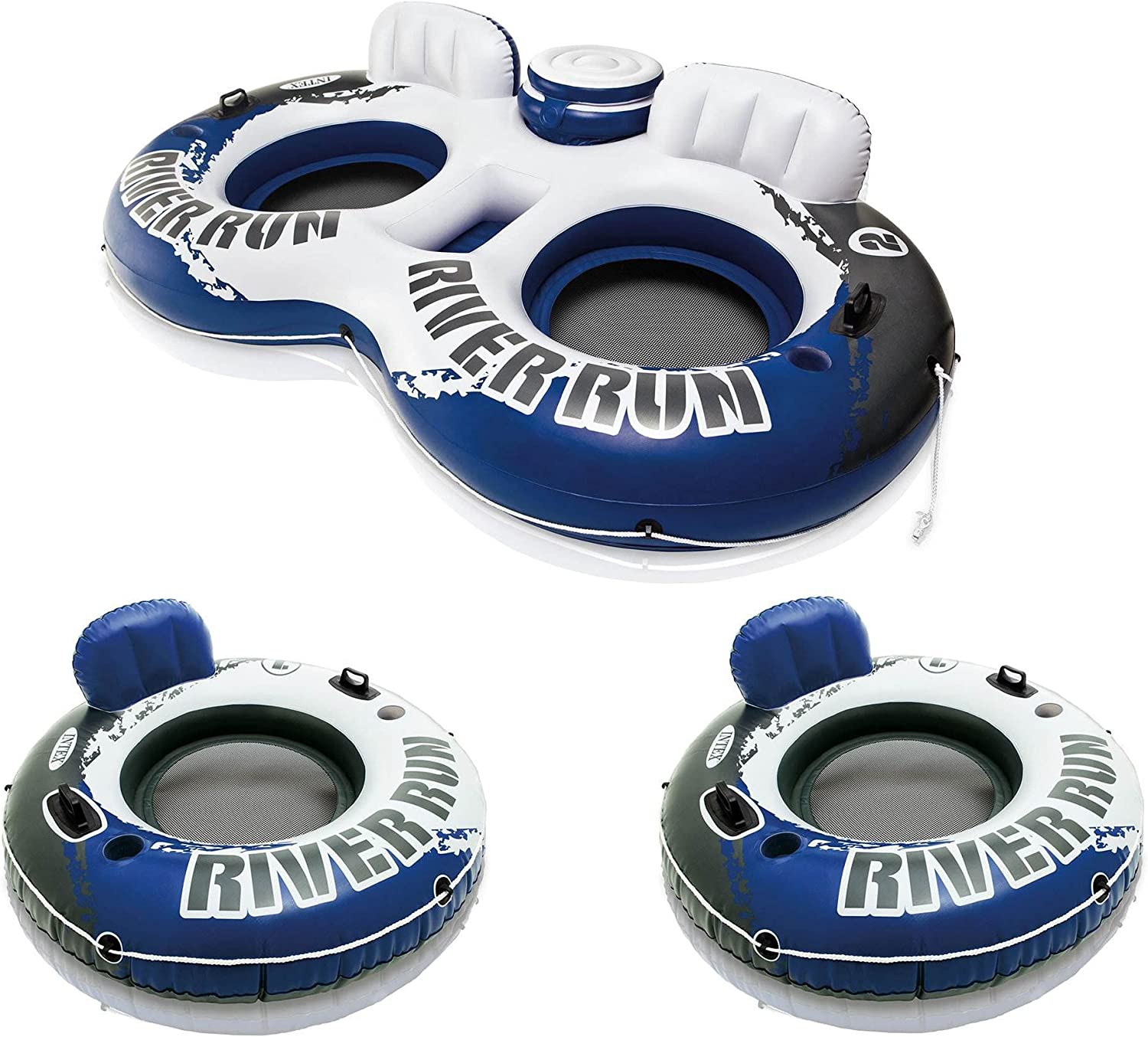 Intex River Run II Inflatable Double Rider Inntertube with Built-in Cooler and Cupholders with River Run I Single Floating Water Rafts (2 Pack)