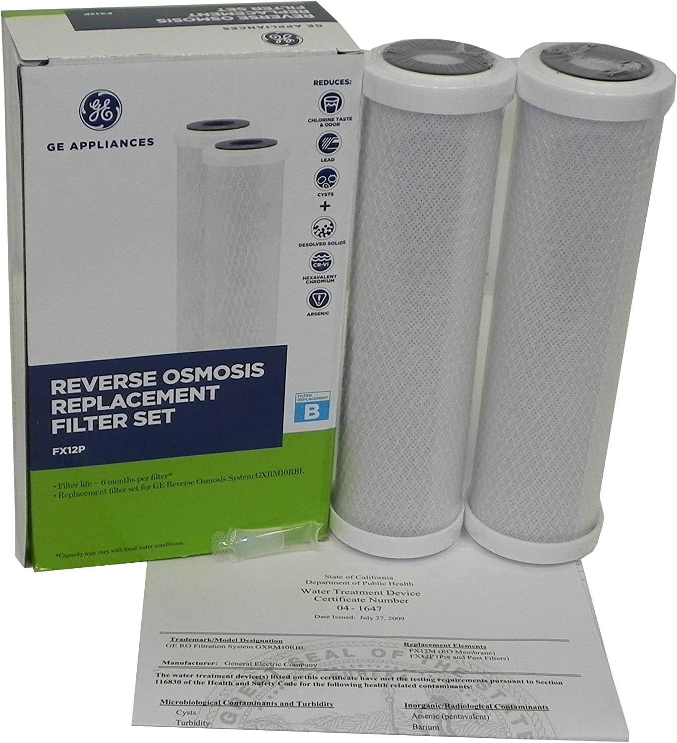 Genuine GE FX12P Replacement Filters for GE GXRM10RBL RO Systems Includes Retail Boxes, Silicon O-Ring Lubricant, Instruction, Certificate, 1 Box with 2 Filters Inside, Also for GE PNRV12 GXRV10