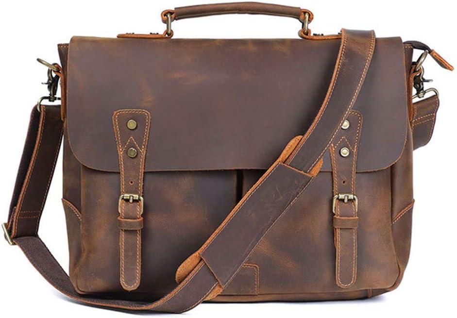 DLOETT Crazy Horse Leather Handbag Men's Travel Messenger Bag Men's Messenger Bag Laptop Bag