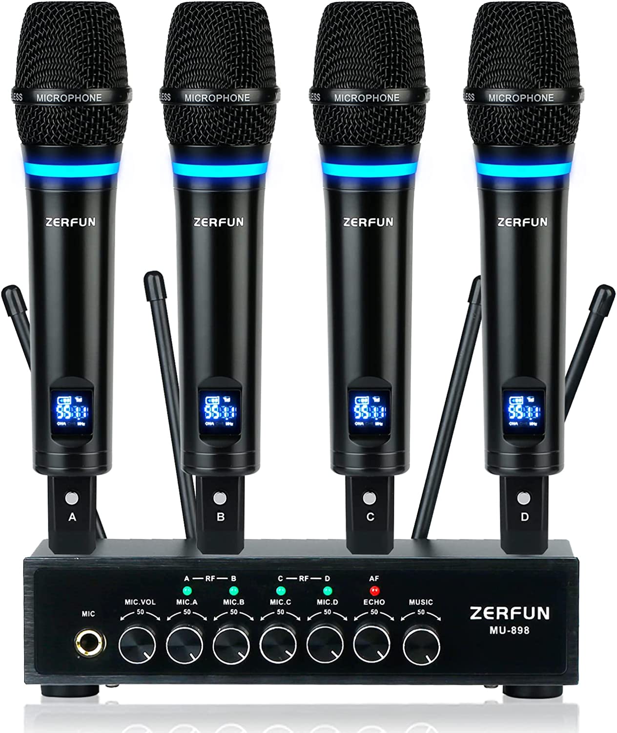 ZERFUN 4-Channel UHF Wireless Microphone System Rechargeable, Metal Handheld Wireless Microphones Cordless Mics Professional with Echo Bluetooth Volume Control for Karaoke Singing Church