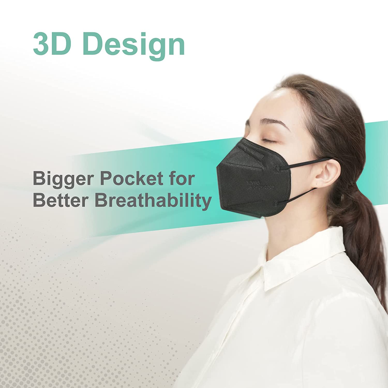 Medtecs KN95 Face Masks Disposable - Individually Wrapped, 5 Ply Protection & Extra Wide Elastic Ear Loops Design, ≧ 95% Filtration Efficiency | Mask Extender included, 50 PC - Black