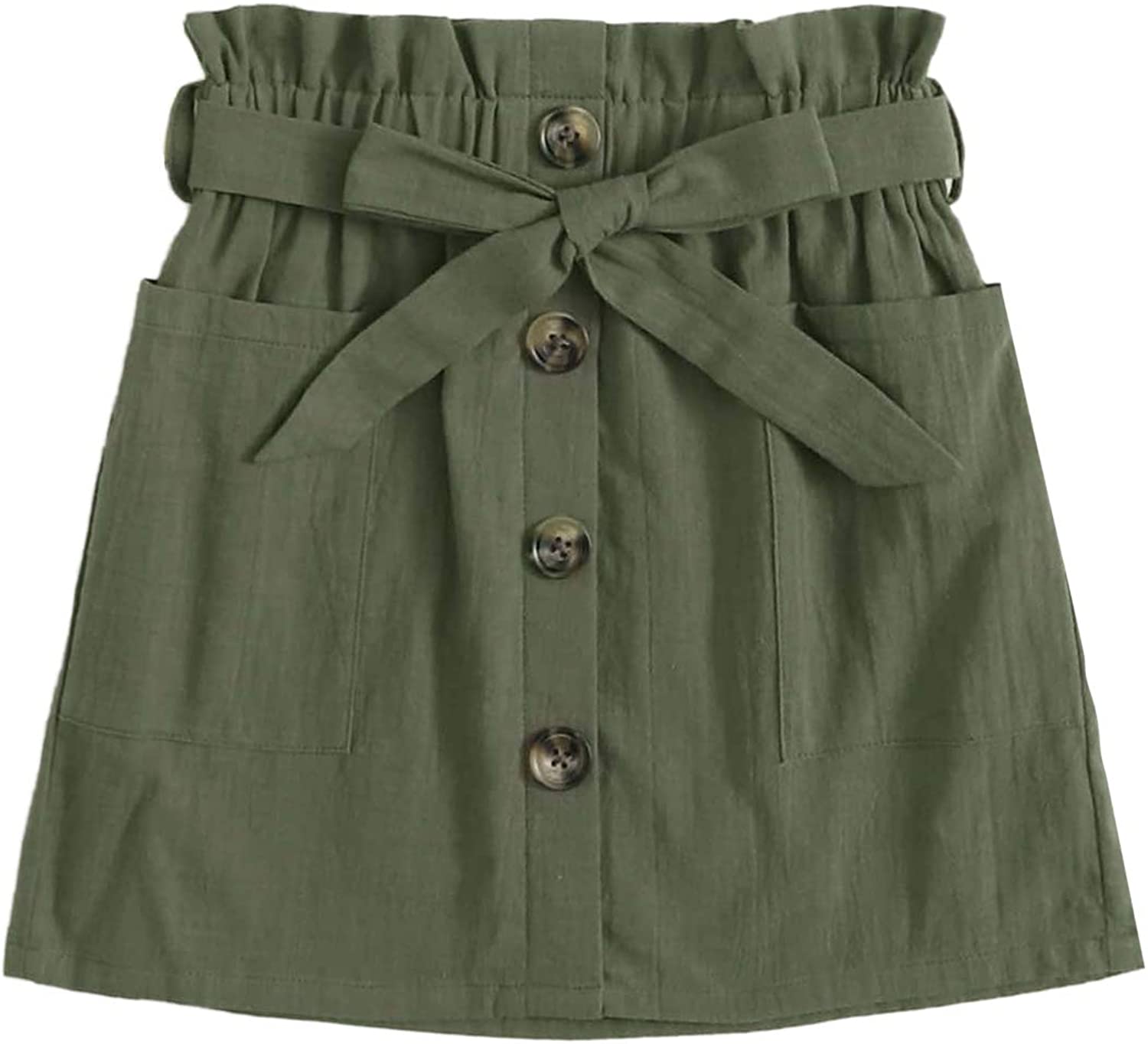 SOLY HUX Girl's Paper Bag Waist Button Front Pocket A Line Belted Skirt