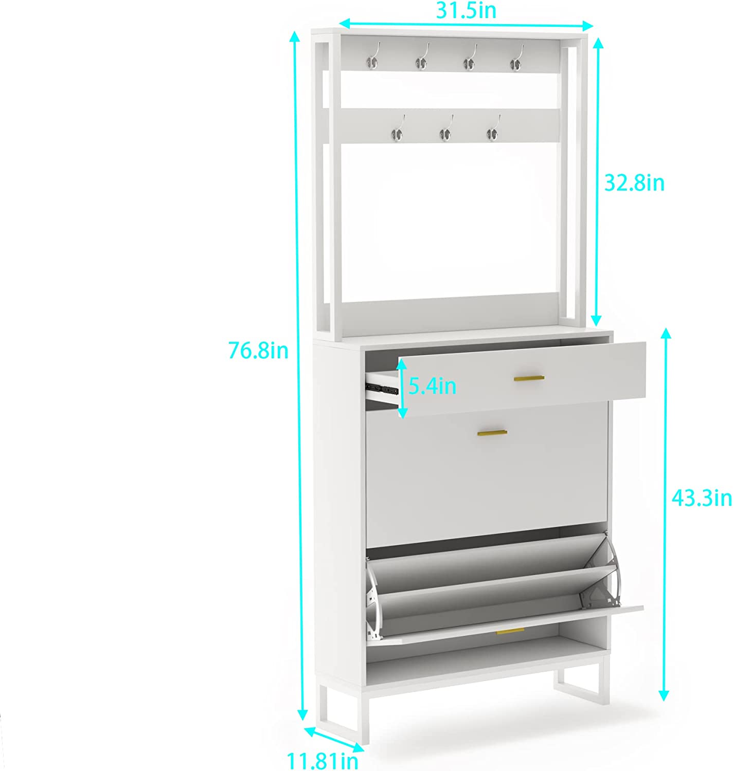 PAKASEPT Shoe Storage Cabinet， 4-Tier Shoe Rack Organizer with Drawers &amp; Coat Racks， Freestanding Shoe Rack Storage Organizer with Flip Door， Shoe Rack for Entryway， Bedroom， Hallway， White