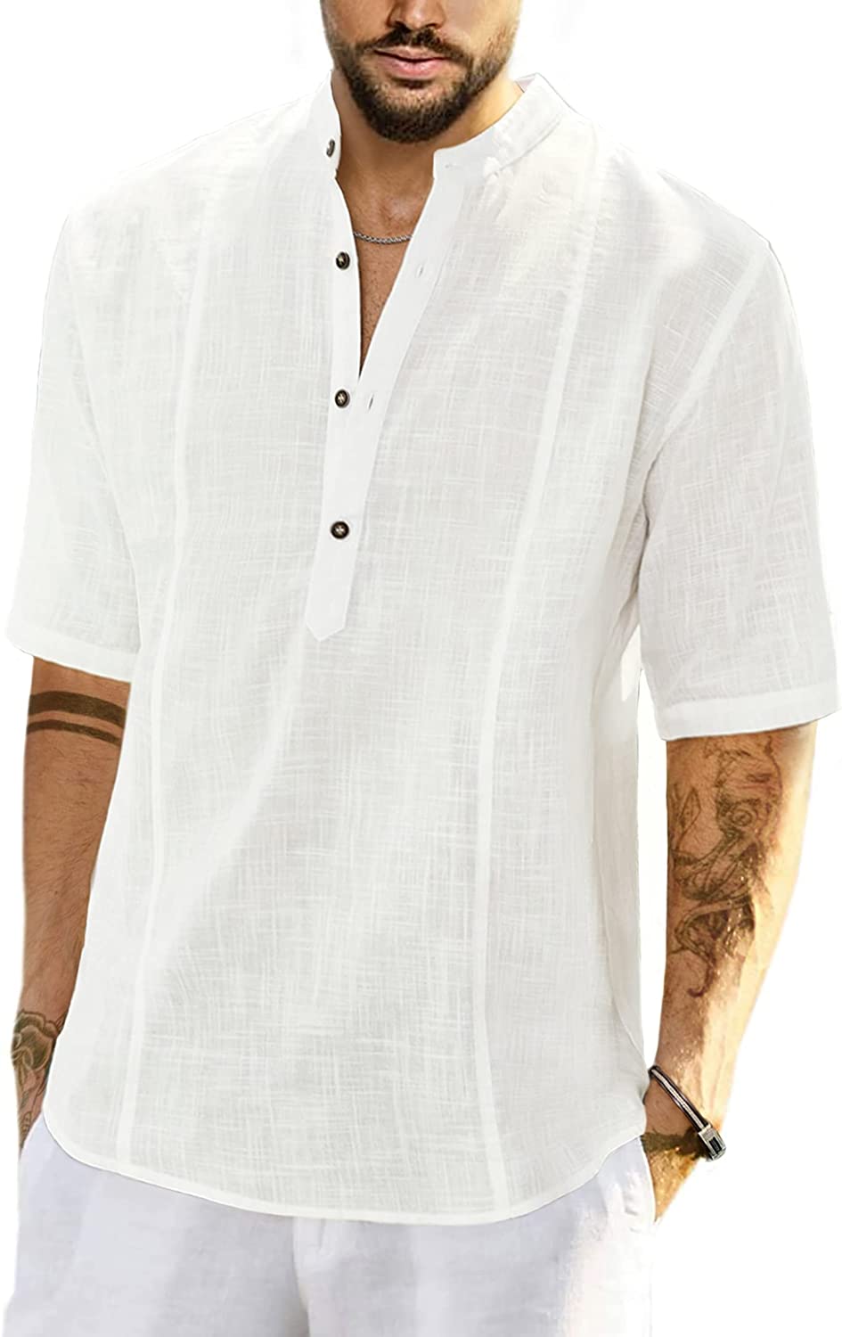 JMIERR Mens Cotton Linen Henley Shirt Casual Button Down Short Sleeve Tropical Shirts Summer Beach T Shirts