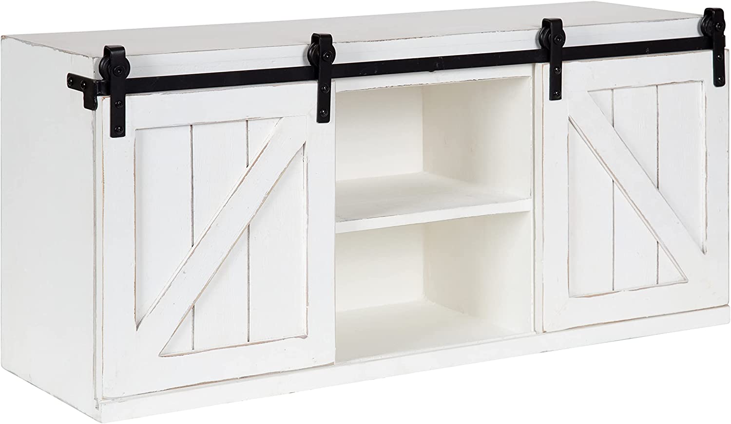 Kate and Laurel Cates Decorative Wood Wall Storage Cabinet with Two Sliding Barn Doors， Rustic Gray