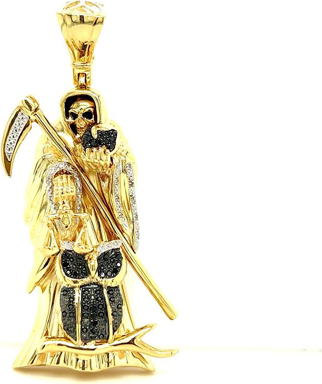 10K Yellow Gold Diamond Santa Muerte Grim Reaper Pendant For Men and Women | 2.9 x 0.9 inch Round Cut Real White Diamond Holy Death Santa Muerte Mens Pendant 0.20 CT | Unisex Custom Jewelry Gift for H