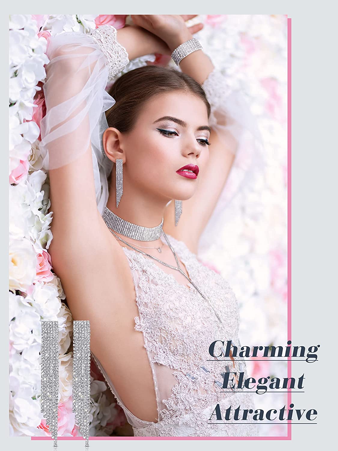 Quelay 4 Pieces Women Crystal Jewelry Set Rhinestone Tassel Necklace Stretch Bangle Bracelet Crystal Dangle Fringe Earrings and Rhinestone Handbag for Wedding Party (Glitter Silver,Medium)