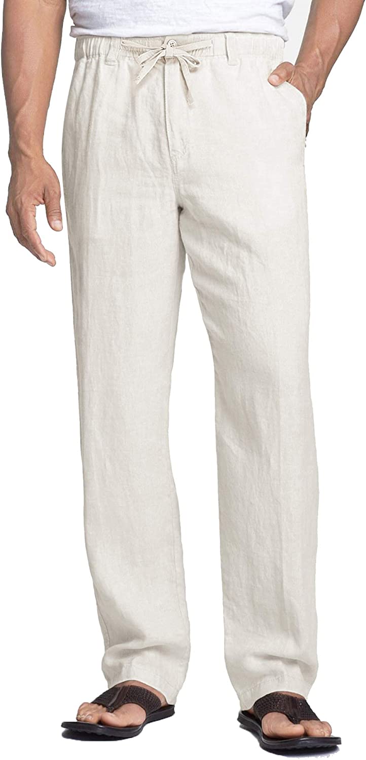 Coofandy Men's Casual Linen Pants Elastic Waist Drawstring Cotton Trousers