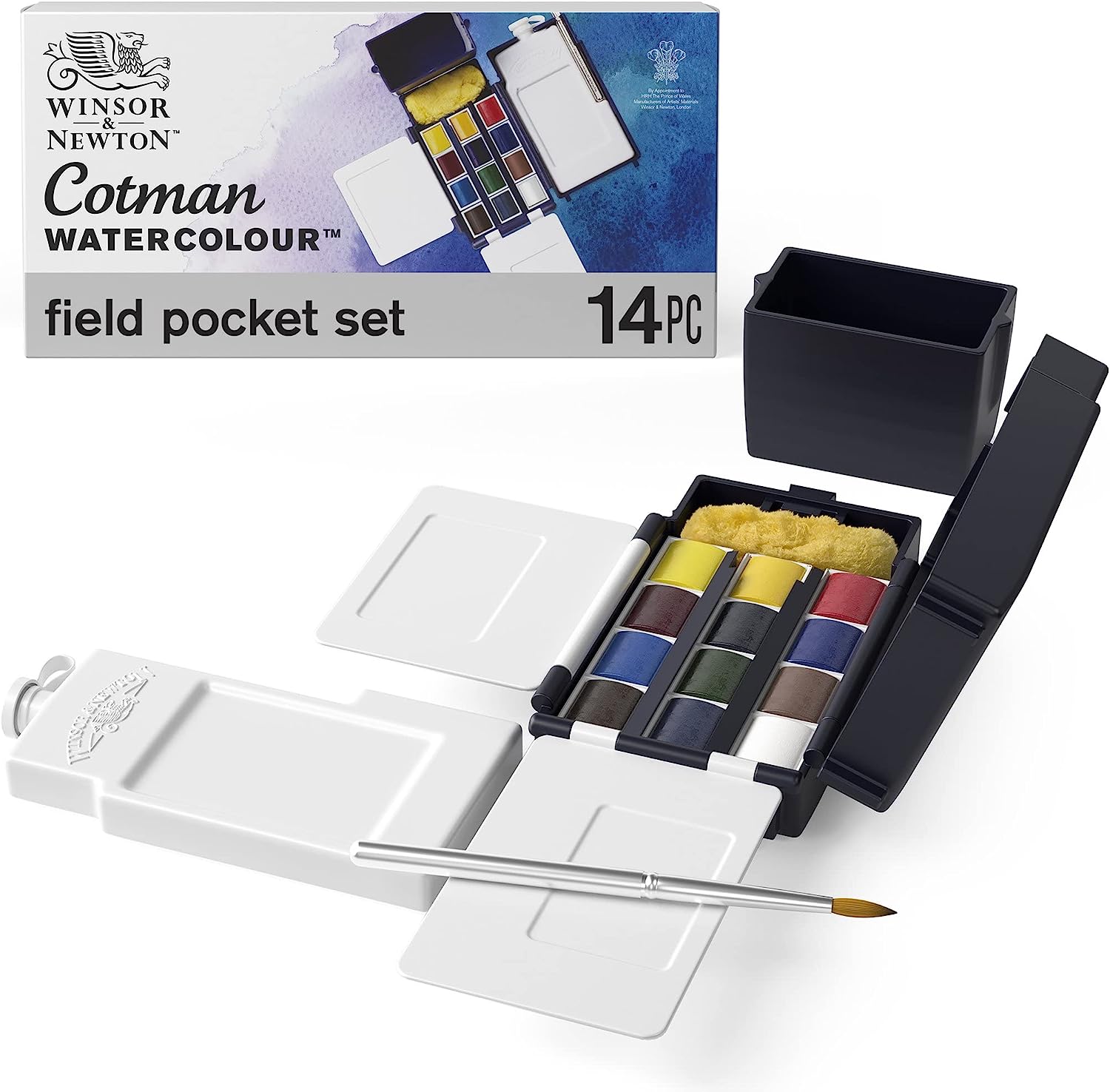 Winsor & Newton 390639 Cotman Water Colour Paint Field Box Set, 14 Piece Set, Half Pans