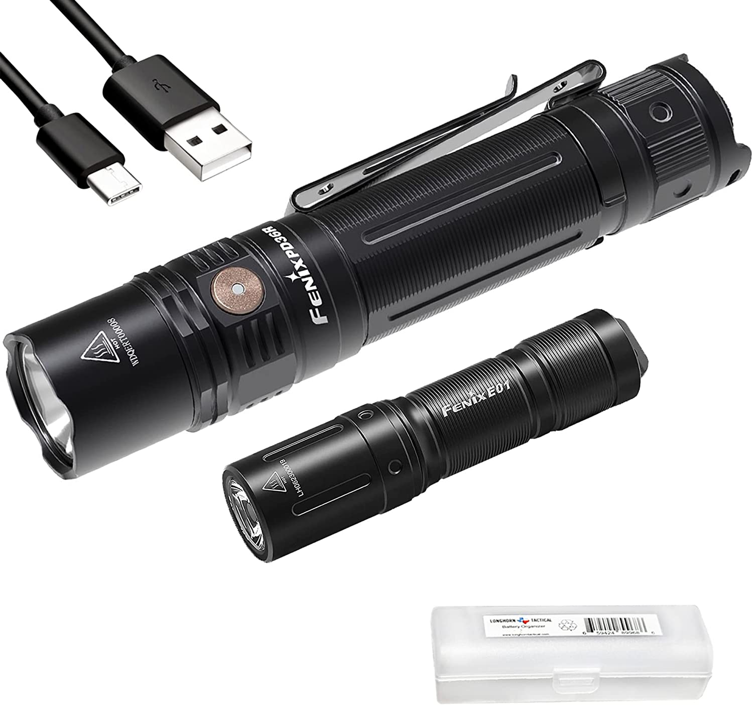 Fenix Gift Bundle PD36R 1600 Lumen Rechargeable Flashlight with E01 V2 Pocket Flashlight and Lumentac Organizer