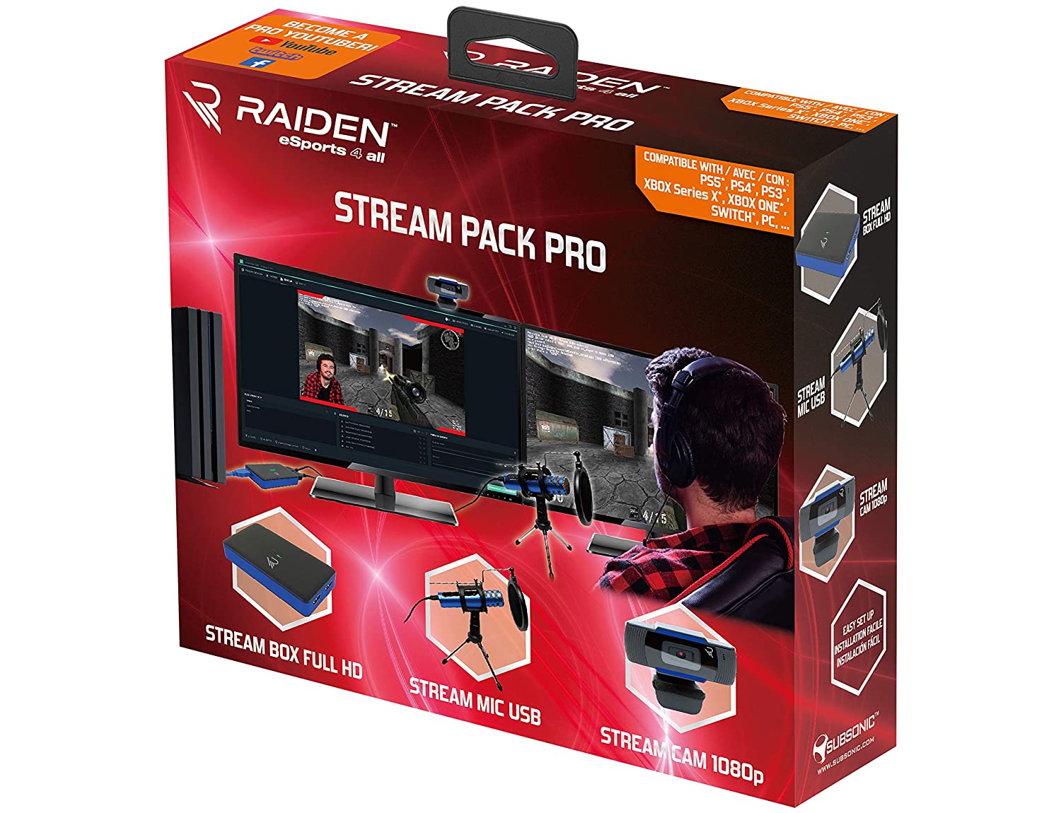 SUBSONIC Raiden - Accessory Pack for Streaming Gamers and Youtubers, Full HD Video Capture Box, Microphone, HD Camera - PS4, PS5, Xbox Serie x: Xbox One, Switch, PC