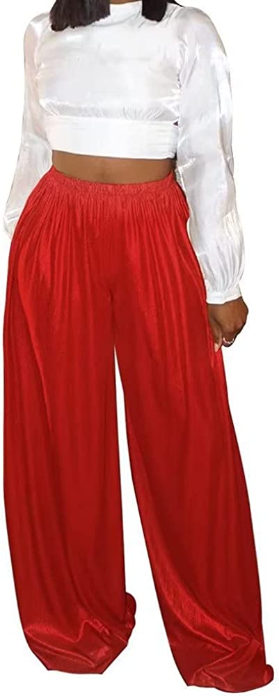 Women's Casual Shiny Wide Leg Pants Elastic High Waist Pants Loose Trousers Lightweight
