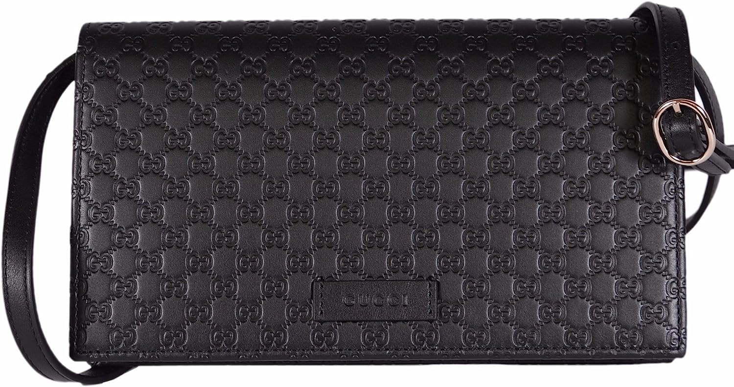Gucci Women's Leather Micro GG Guccissima Mini Crossbody Wallet Bag Purse (Black)