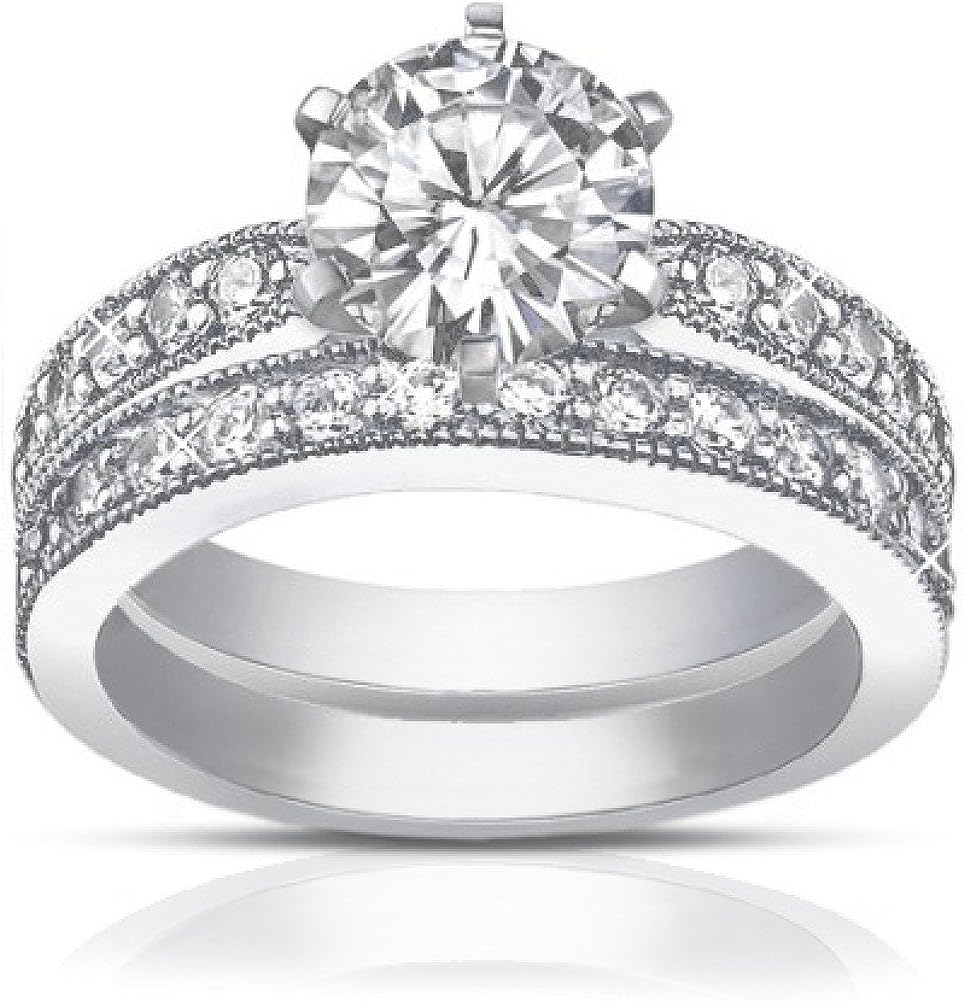 Madina Jewelry 2.25 ct Round Cut Diamond Engagement Ring Set Whit Millgrain on The Shank in 14 kt White Gold