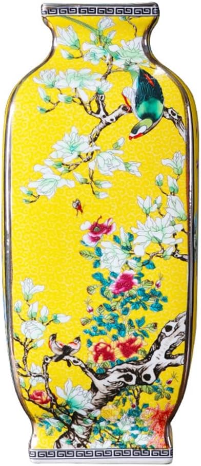 HOUKAI Antique Chinese Style Large Yellow Ceramic Flower Vase Four Sides Pattern Classical Porcelain Vase