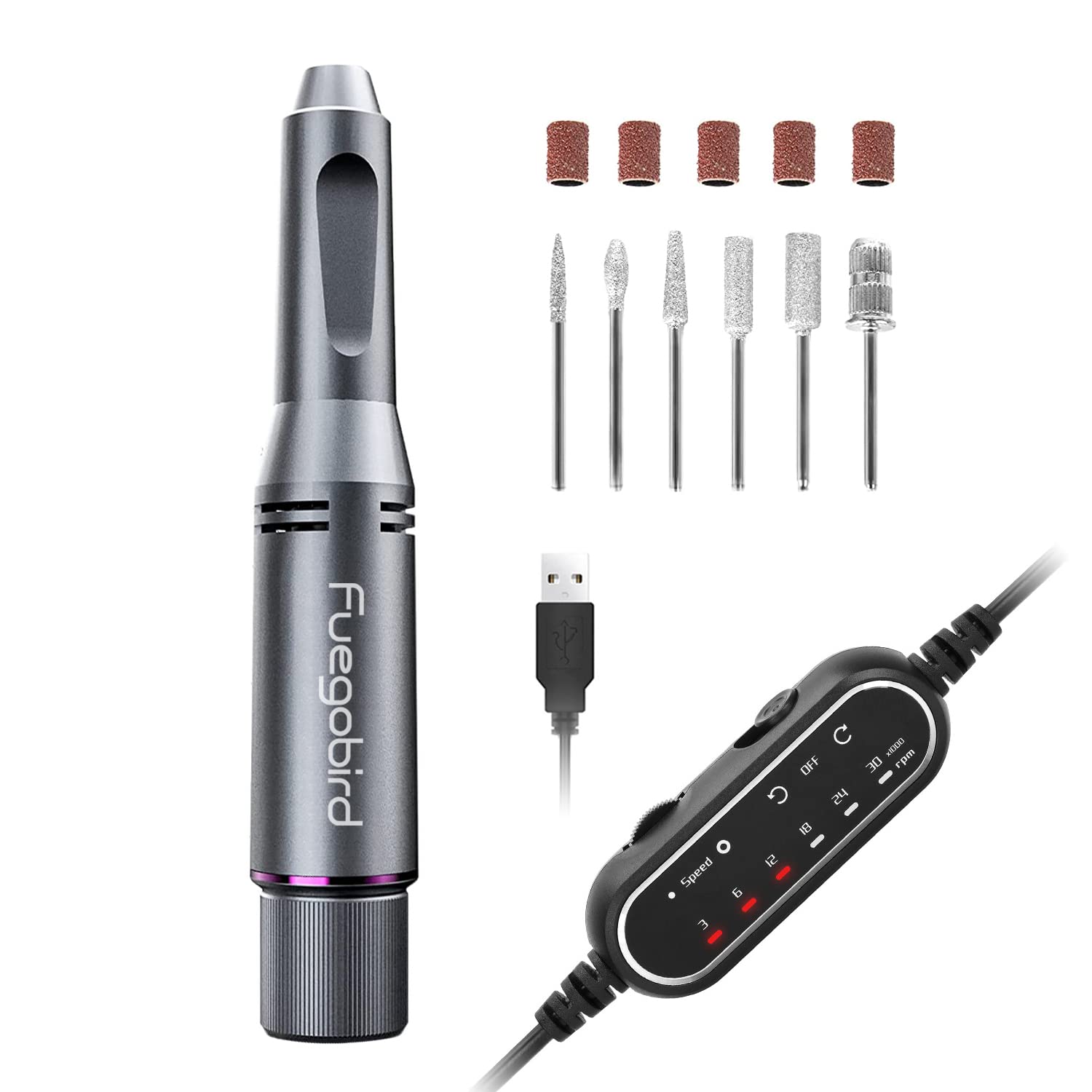 Fuegobird Electric Nail Drill Kit, Portable USB Nail File Tool for Acrylic Gel Nails, Professional Manicure Pedicure Efile Machine for Home and Salon, 30000 RPM with LCD Display Control