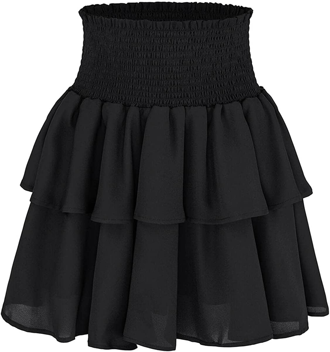 Bigary Women's High Waist Layered Ruffle Hem Flared Mini Skirt Solid Smocked A Line Flowy Beach Short Skirt