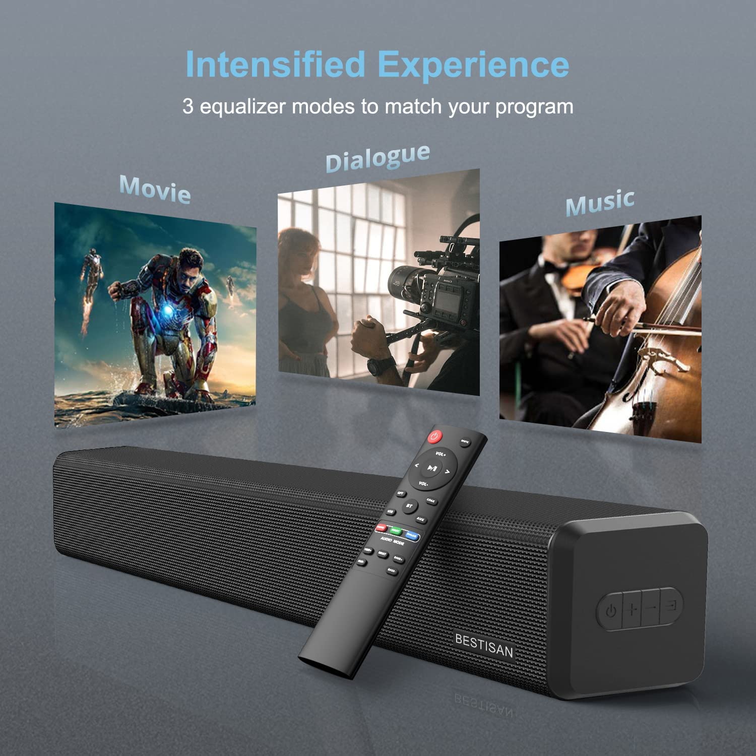 BESTISAN ， 100 Watt HDMI Sound Bars for TV with Built in Subwoofer Home Theater System (32 inch， Sub Out Port， Bluetooth 5.0， 3 Audio Modes， Bass Adjustable， Wall Mountable， 2022 Upgraded)