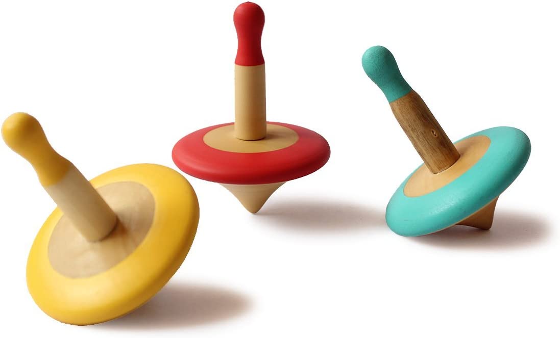 Shumee Colorful Organic Wooden Spinning Tops (3 Pcs)| Montessori & Kindergarten Toys for Balance & Coordination Skills| Gyroscope Fidget Spinner for Kids/Toddlers (3+ Yrs)
