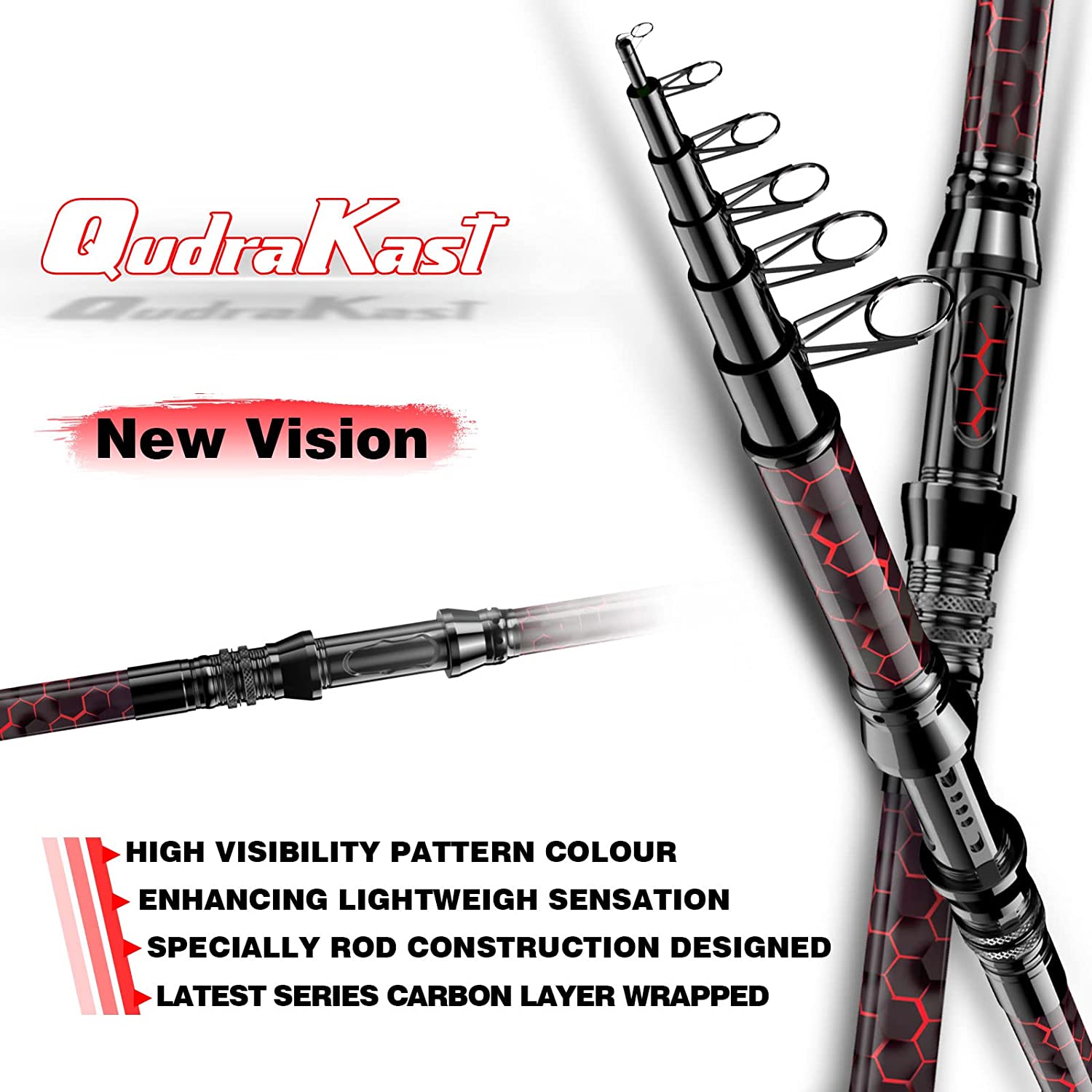 QudraKast Fishing Rod and Reel Combos, Unique Design with X-Warping Painting, Carbon Fiber Telescopic Fishing Rod, Best Gift for Fishing Beginner and Angler