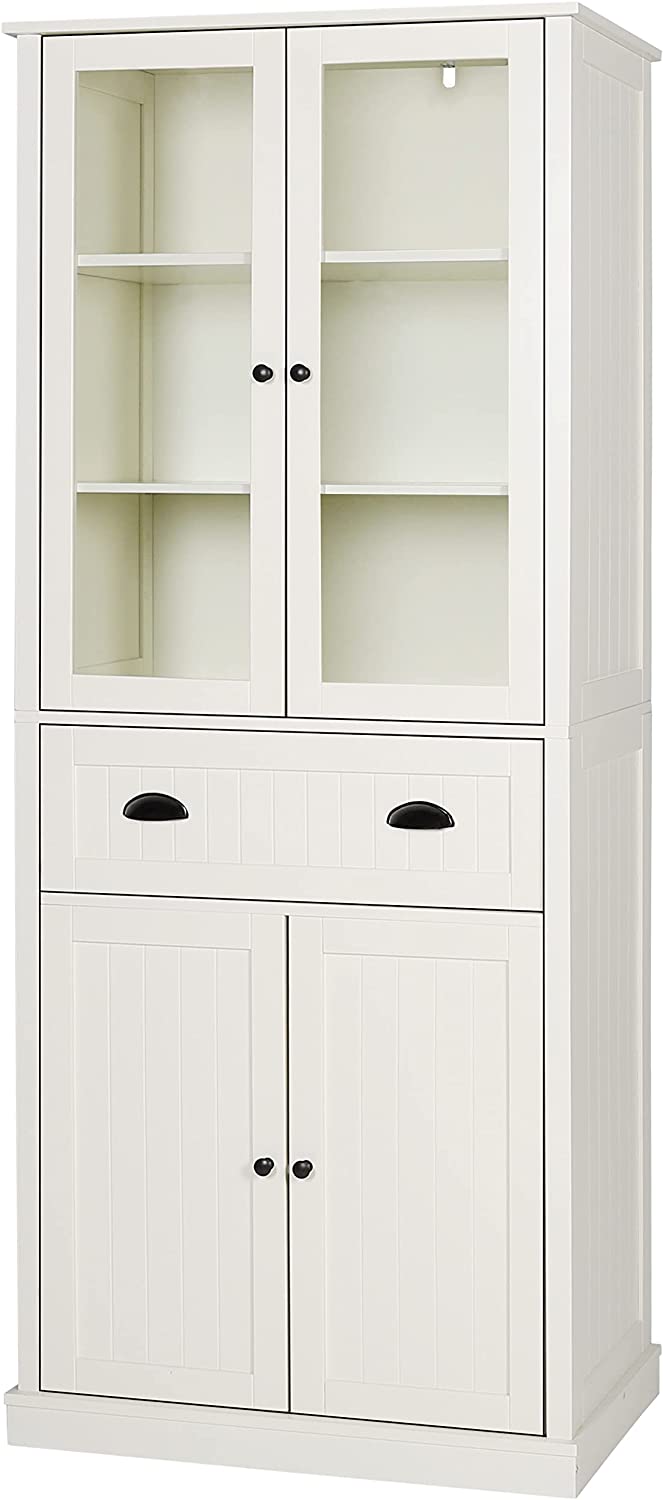 MUPATER Kitchen Pantry Storage Cabinet Microwave Hutch, 72'' Freestanding Hutch Cabinet Buffet Cupboard Tall with Drawer and Doors for Home Kitchen Living Room, Grey