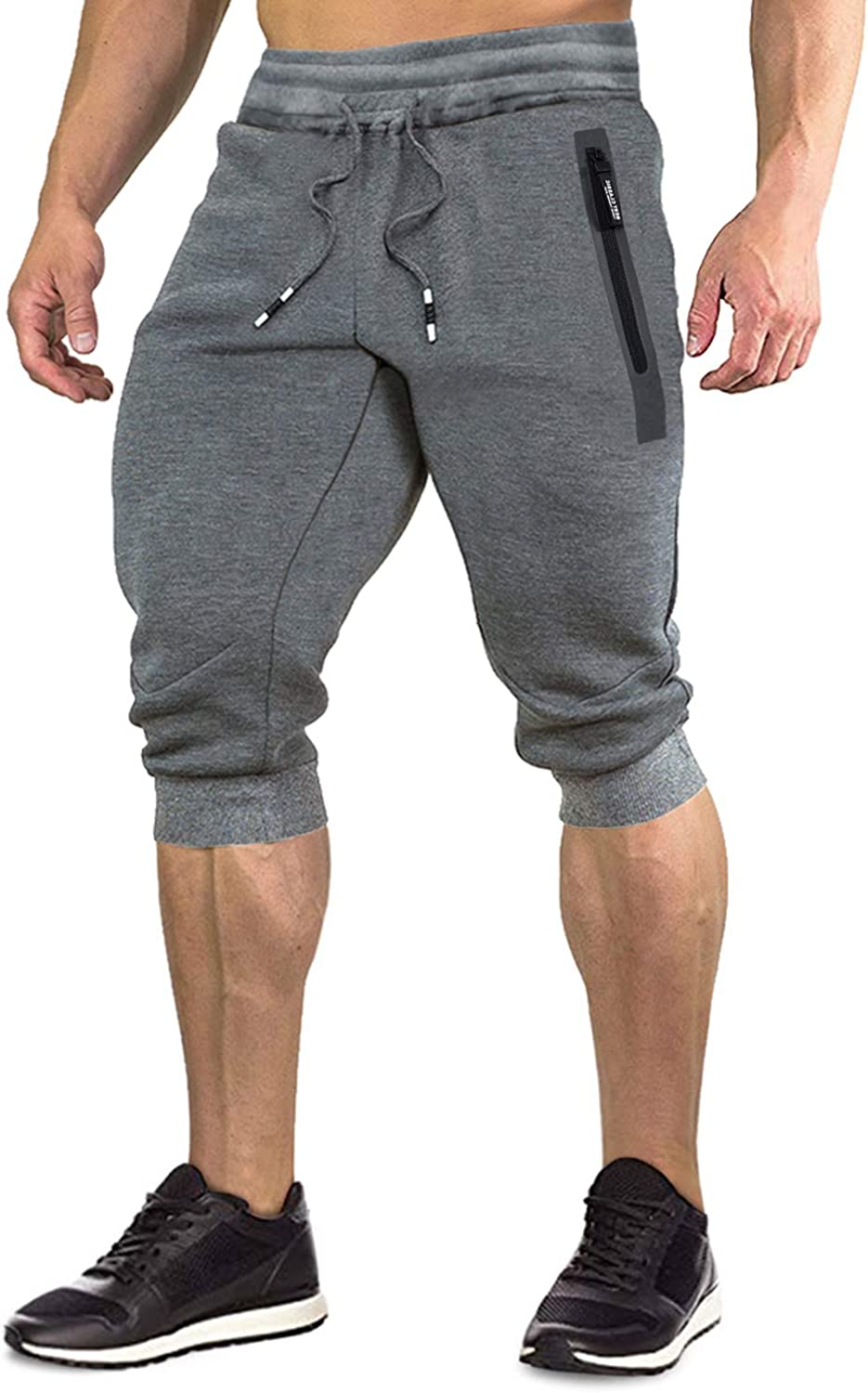 FASKUNOIE Men's 3/4 Joggers Elastic Cotton Capri Pants Below Knee Gym Short Pants with Zip Pockets