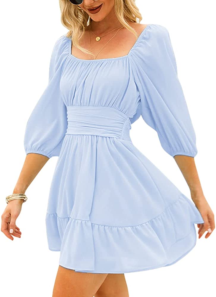 EXLURA Women's Lantern Sleeve Tie Back Casual Dresses Ruffled Off Shoulder A-Line Vintage Mini Dress