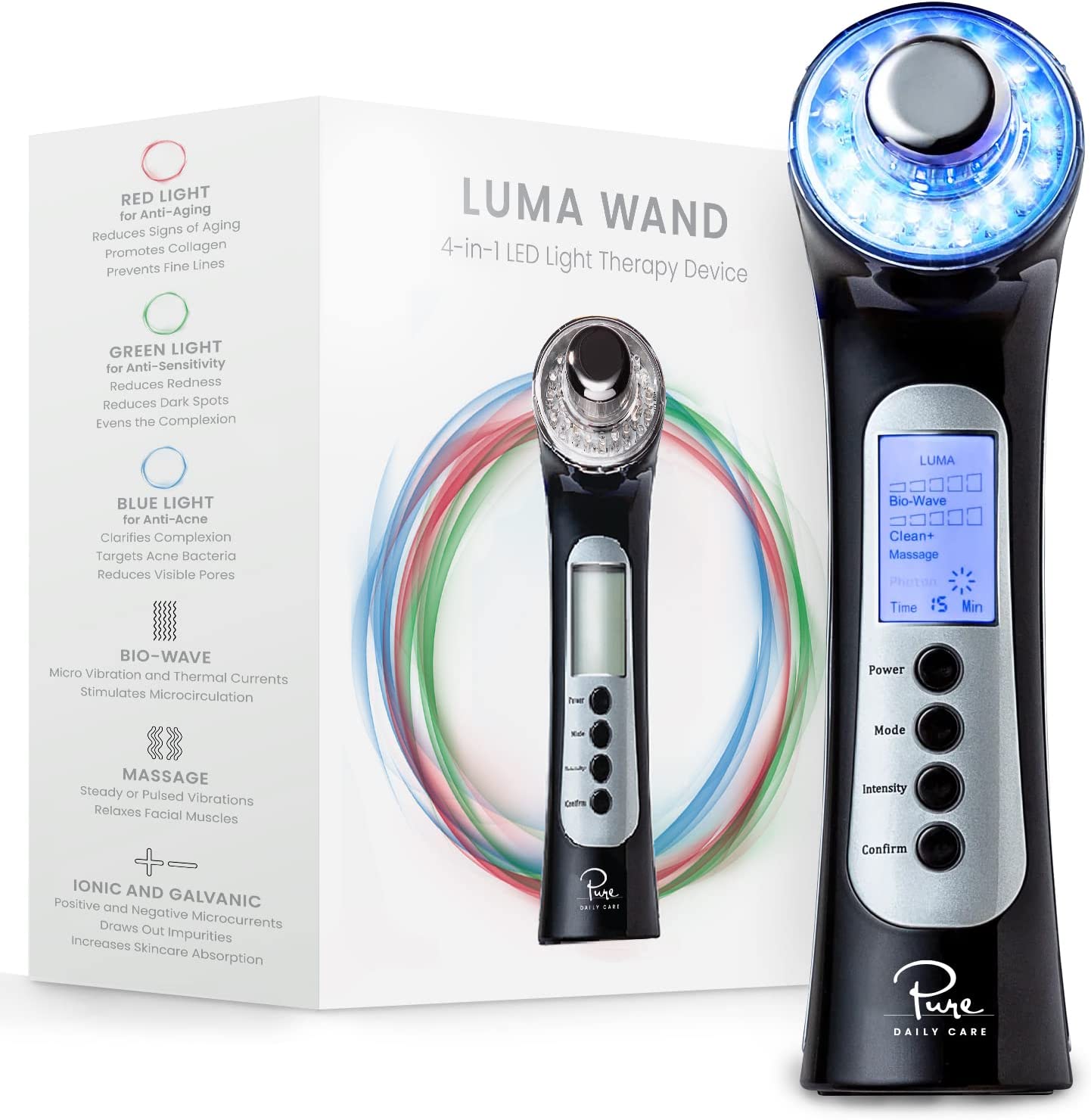 Pure Daily Care Luma - 4 in 1 Skin Therapy Wand - Ion Therapy LED Light Machine - Wave Stimulation- Massage - Anti Aging - Lift & Firm Tighten Skin Wrinkles