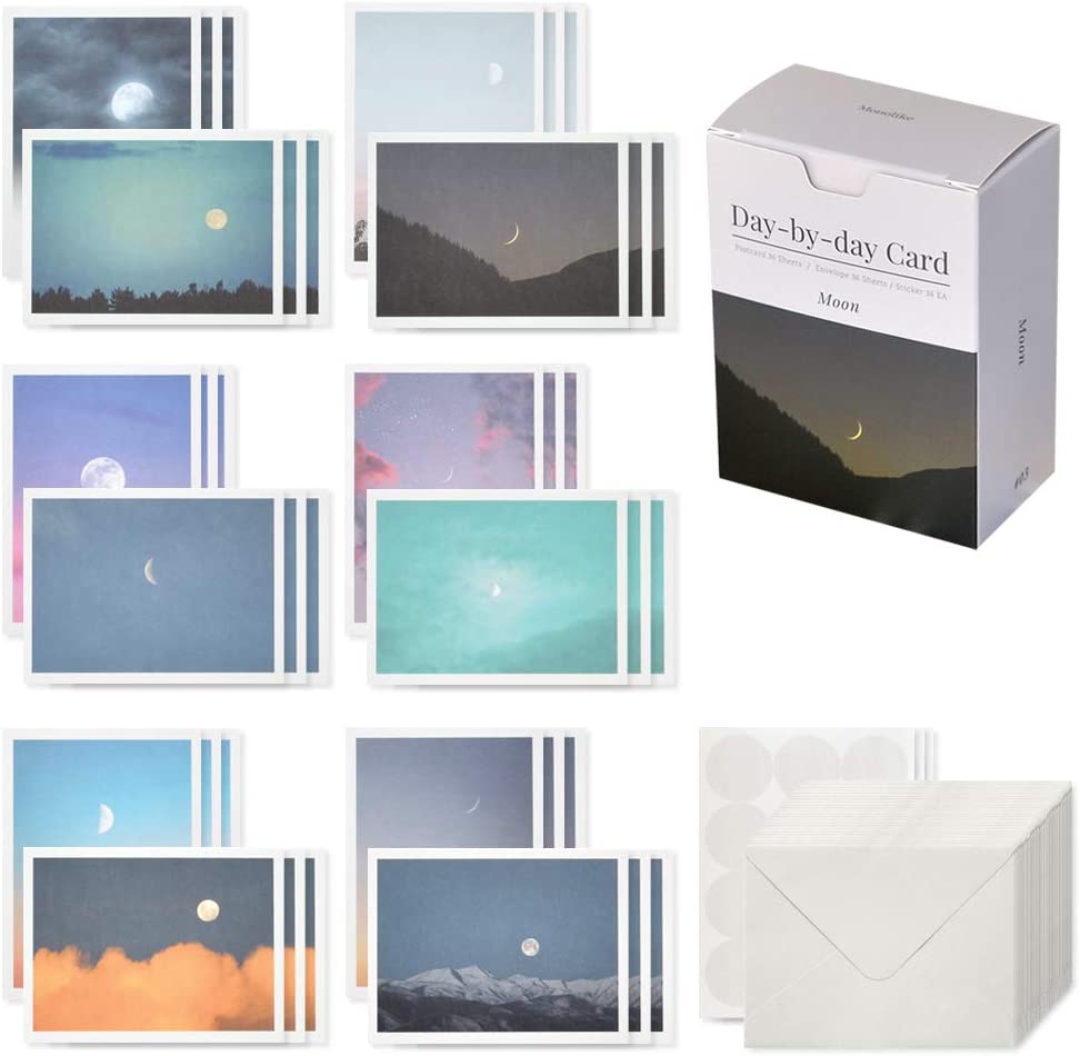 Monolike Day-by-day Card, Moon - Mix 36 Mini Message cards,36 envelopes, 36 stickers Package