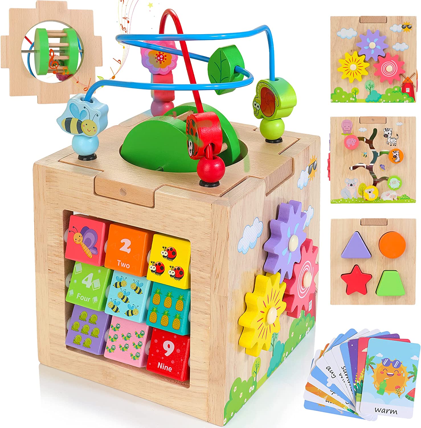 Kizfarm Wooden Activity Cube 1 Year Baby Toys, 8-in-1 Montessori Wooden Toys for 1 Year Old Boys Girls, Developmental Learning Sorting & Stacking Toy for Toddlers, 1st Birthday Gift
