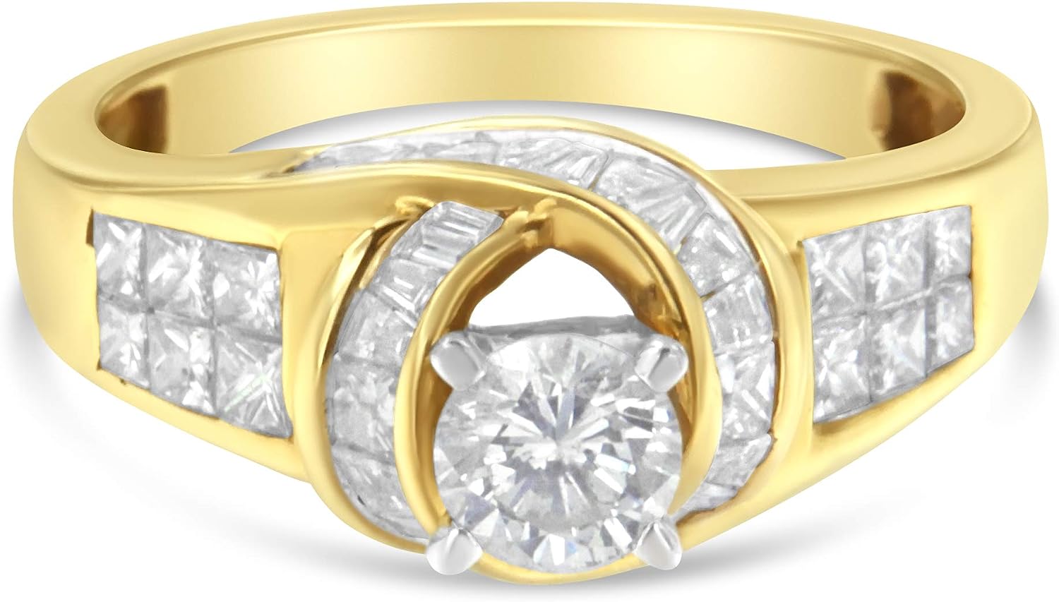Original Classics 14K Two-Toned Yellow Gold 1-1/8 Cttw Round, Baguette & Princess Cut Diamond Wrapped Ribbon Channel Set Engagement or Fashion Ring (H-I Color, SI2-I1 Clarity)