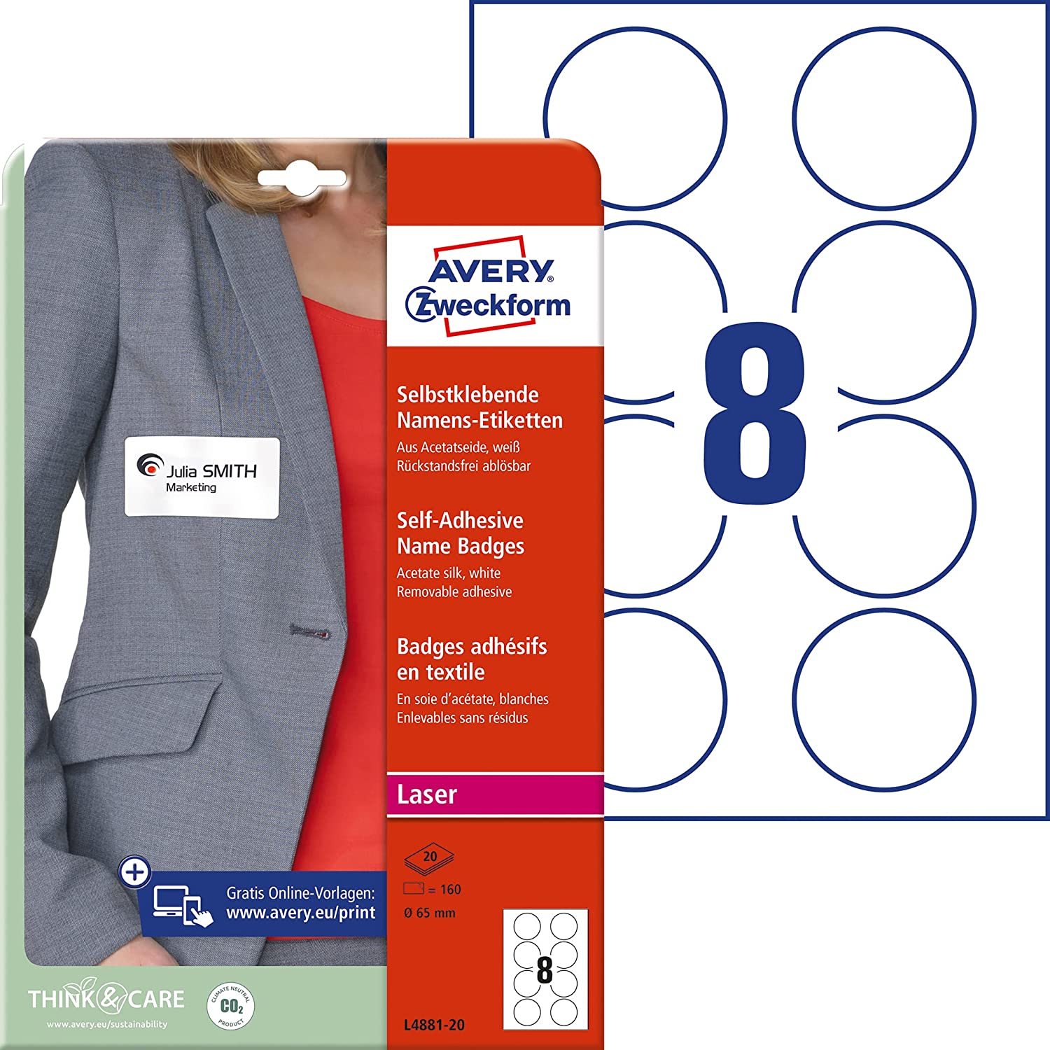 Avery Zweckform Name Labels (160 Name Stickers, Diameter 65 mm on DIN A4, Self-Adhesive, Printable Textile Labels Made of Acetate Silk, Residue-Free Removable, Round, Laser, 20 Sheets L4881-20) White