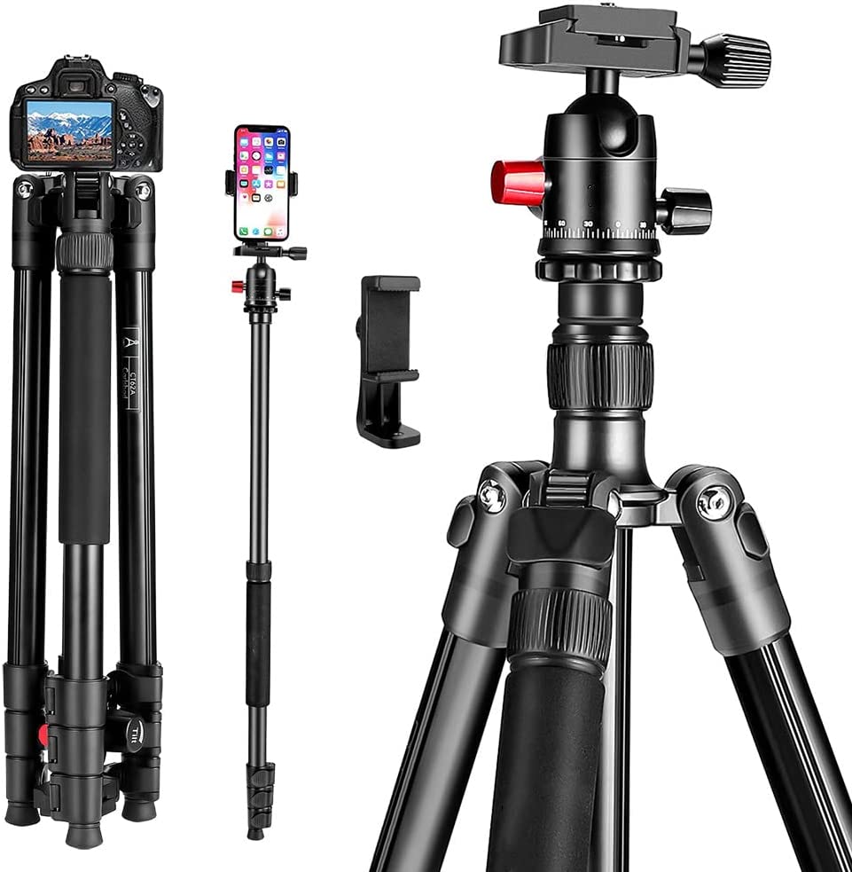 ZIKZOK Professional 62" DSLR Tripod Camera Tripods with Phone Holder for Travel, Super Lightweight and Reliable Stability, Ball Head Tripod Detachable Monopod with Carry Bag (Black)