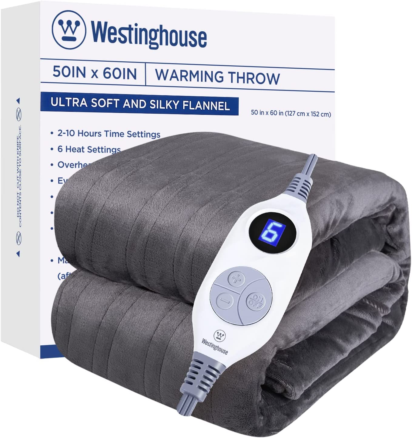 Westinghouse Heated Blanket, Electric Throw with 6 Heating Levels, 4 Hour Auto Off, Overheat Protection, Machine Washable, Flannel (Throw, 50x60 Inches, Grey)