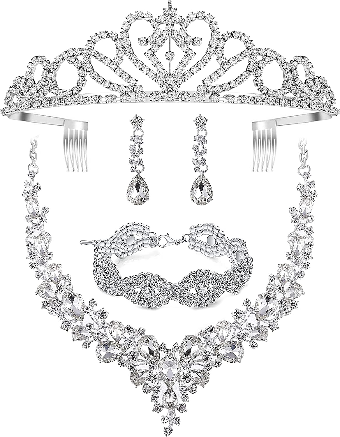 Paxuan Silver/Gold Plated Women Wedding Bridal Jewelry Set Prom Crystal Rhinestone Statement Choker Necklace Teardrop Earrings Link Bracelet Tiaras Crown Jewelry Sets for bride bridesmaid Wedding