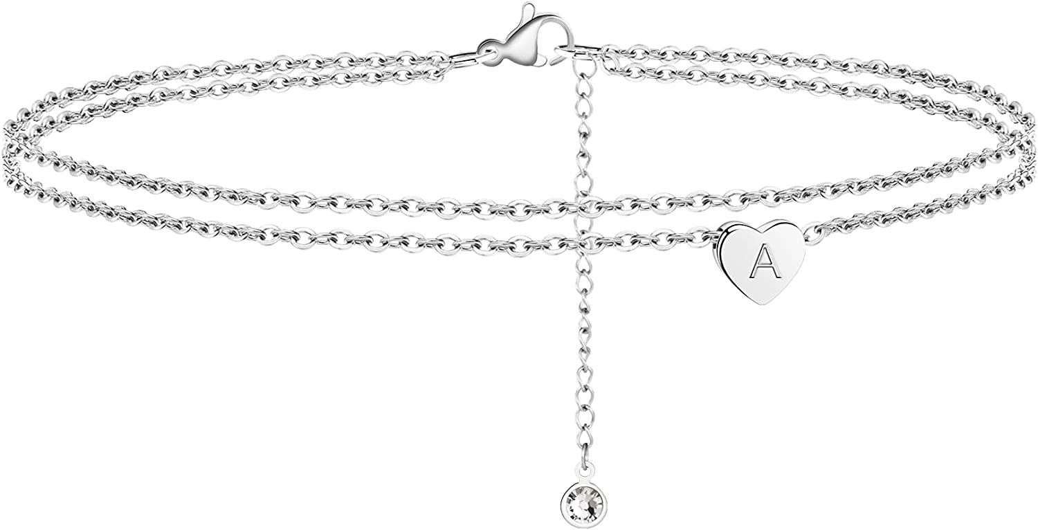 Turandoss Silver Heart Initial Ankle Bracelets for Women, 14K White Gold Filled Handmade Dainty Layered Silver Anklet Letter Initial Heart Ankle Bracelets for Women Silver Summer Foot Beach Jewelry