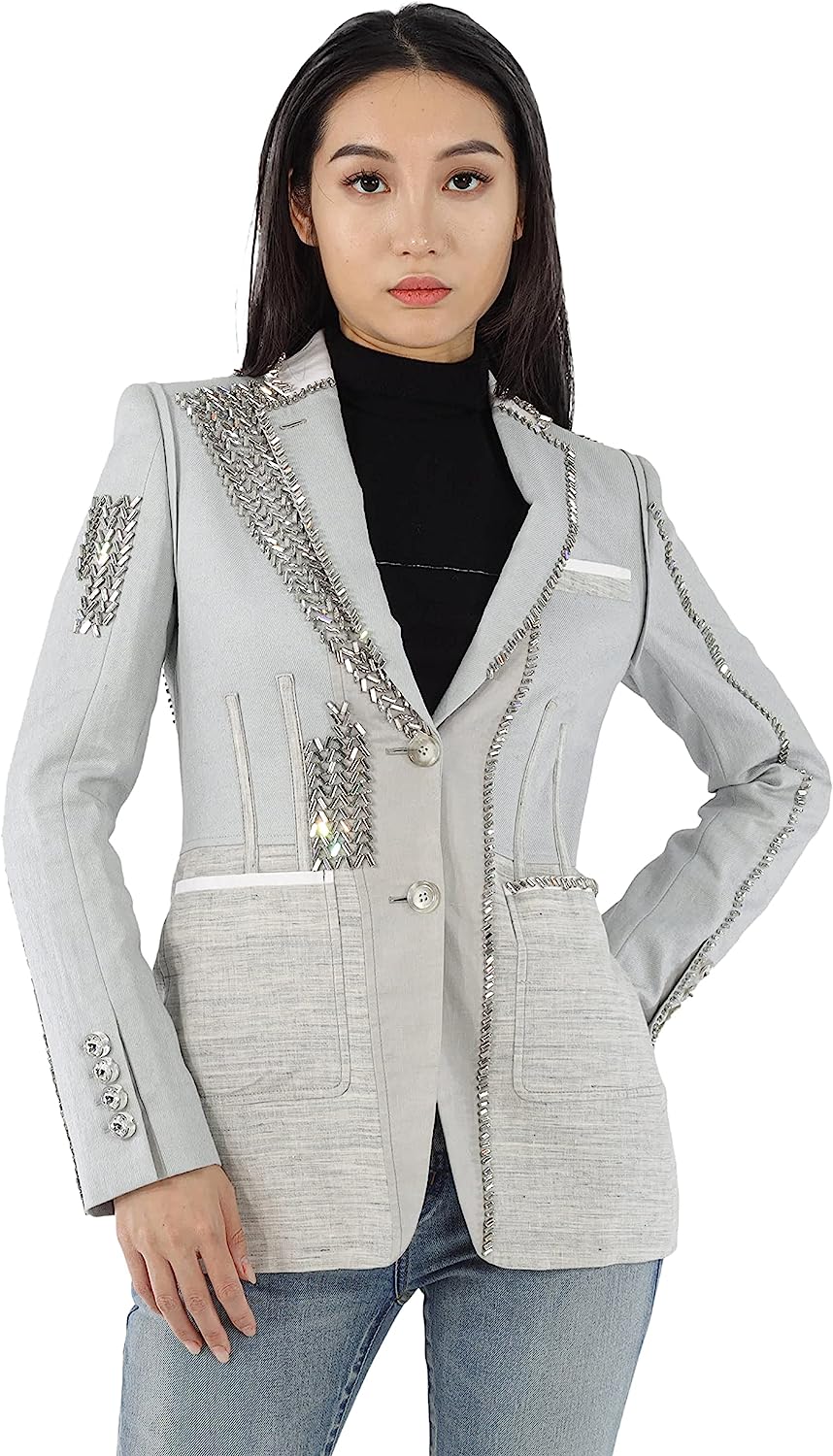 BURBERRY Ladies Grey Melange Technical Linen Blazer with Crystal Embroidery, Brand Size 6 (US Size 4)