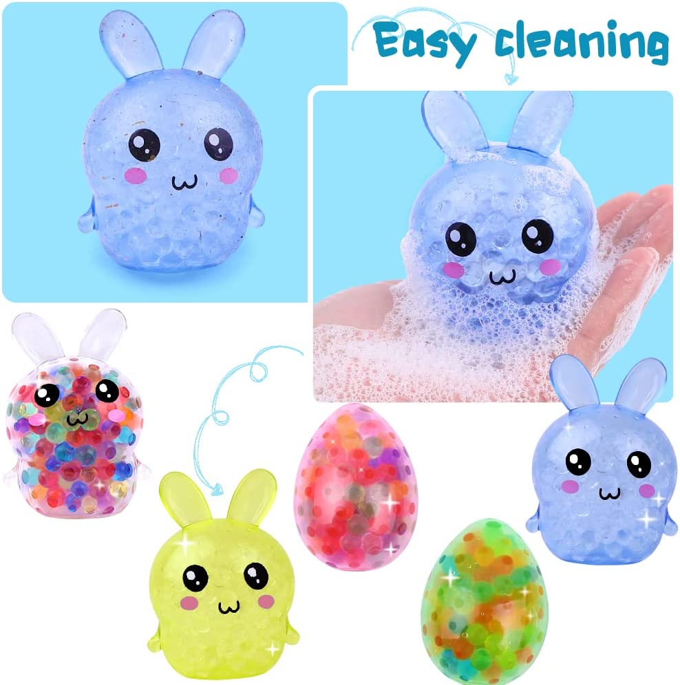 DULEFUN 6 Pack Easter Squishy Toys， Easter Squeeze Fidget Toy Bunny Egg Stress Ball Toys for Kids Stress Relief Toys Filled with Water Beads Easter Basket Stuffers Party Gifts Favors