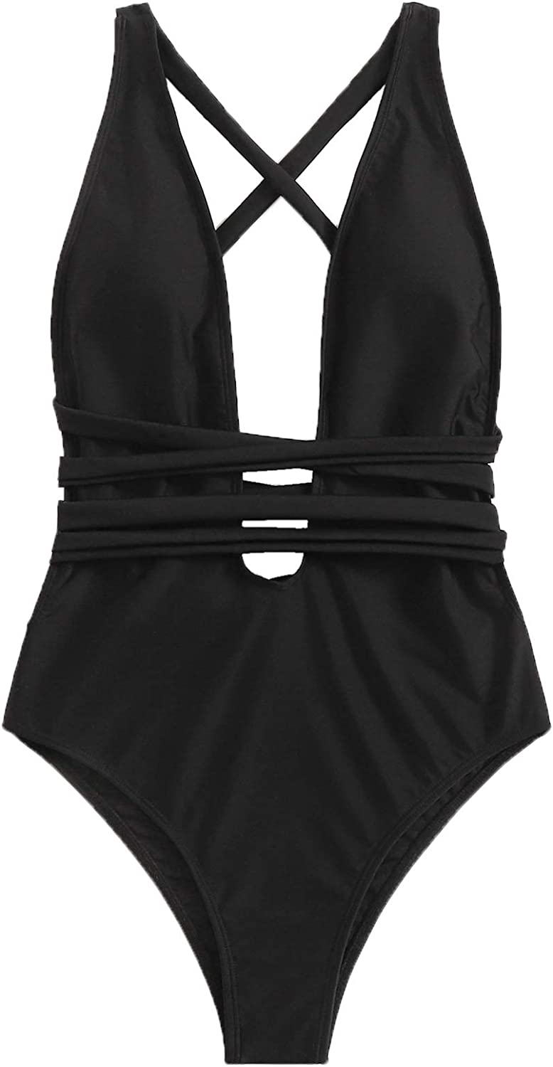 SweatyRocks Women's Sexy Basic Criss Cross Tie Knot Front Deep V Open Back One Piece Swimwear