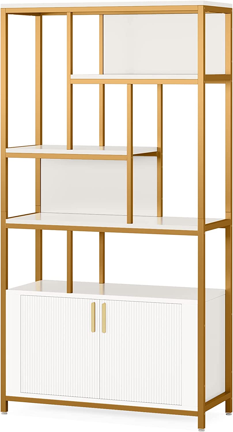 Tribesigns White Bookshelf with Doors， 70.86&#34; Tall Etagere Bookcase with Storage Cabinet， Free-Standing Modern Gold Display Rack Shelves for Bedroom Living Room Office (White and Gold)