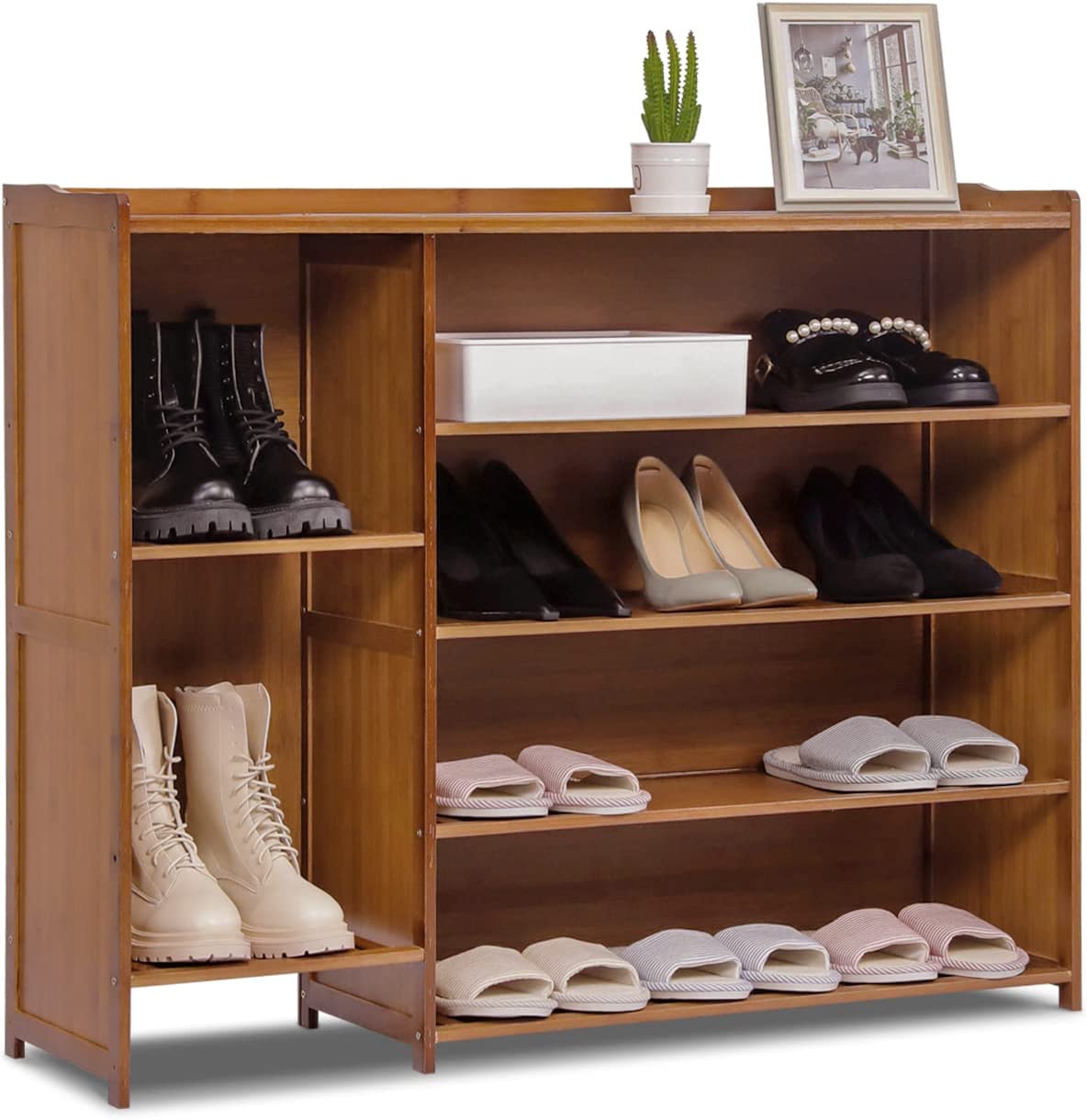 MoNiBloom Shoe Storage Cabinet with Tall Compartment， Bamboo Free Standing 5 Tier Shoe Rack for 16-20 Pairs Bedroom Entryway Hallway Home Office， Brown