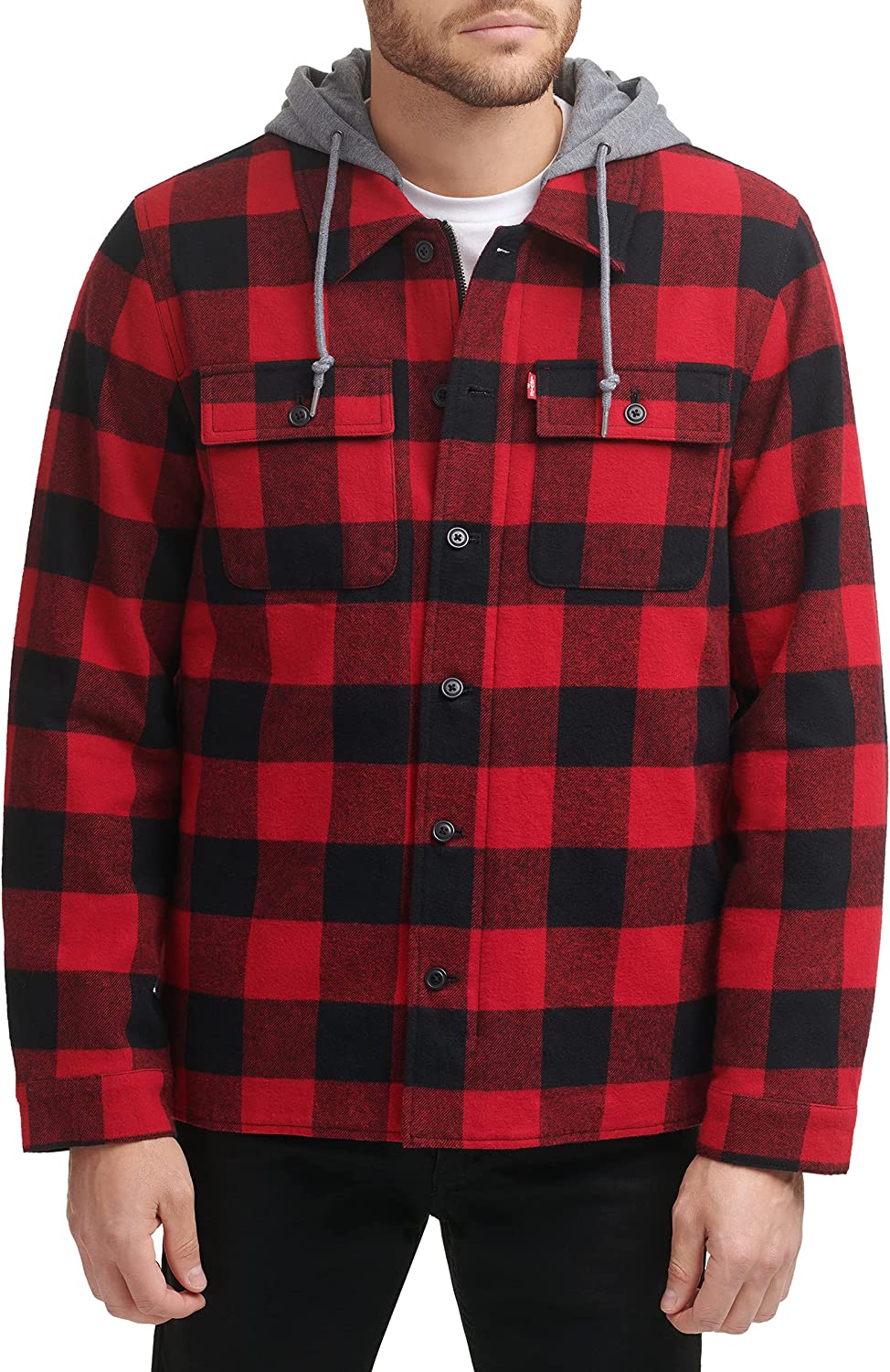 Levi's Men's Cotton Plaid Shirt Jacket with Soft Faux Fur Lining and Jersey Hood