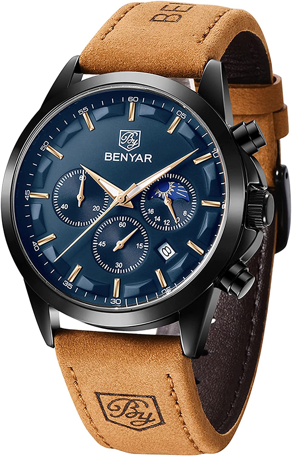 BY BENYAR Men's Watches Waterproof Sport Military Watch for Men Multifunction Chronograph Black Fashion Quartz Wristwatches Calendar with Leather Strap
