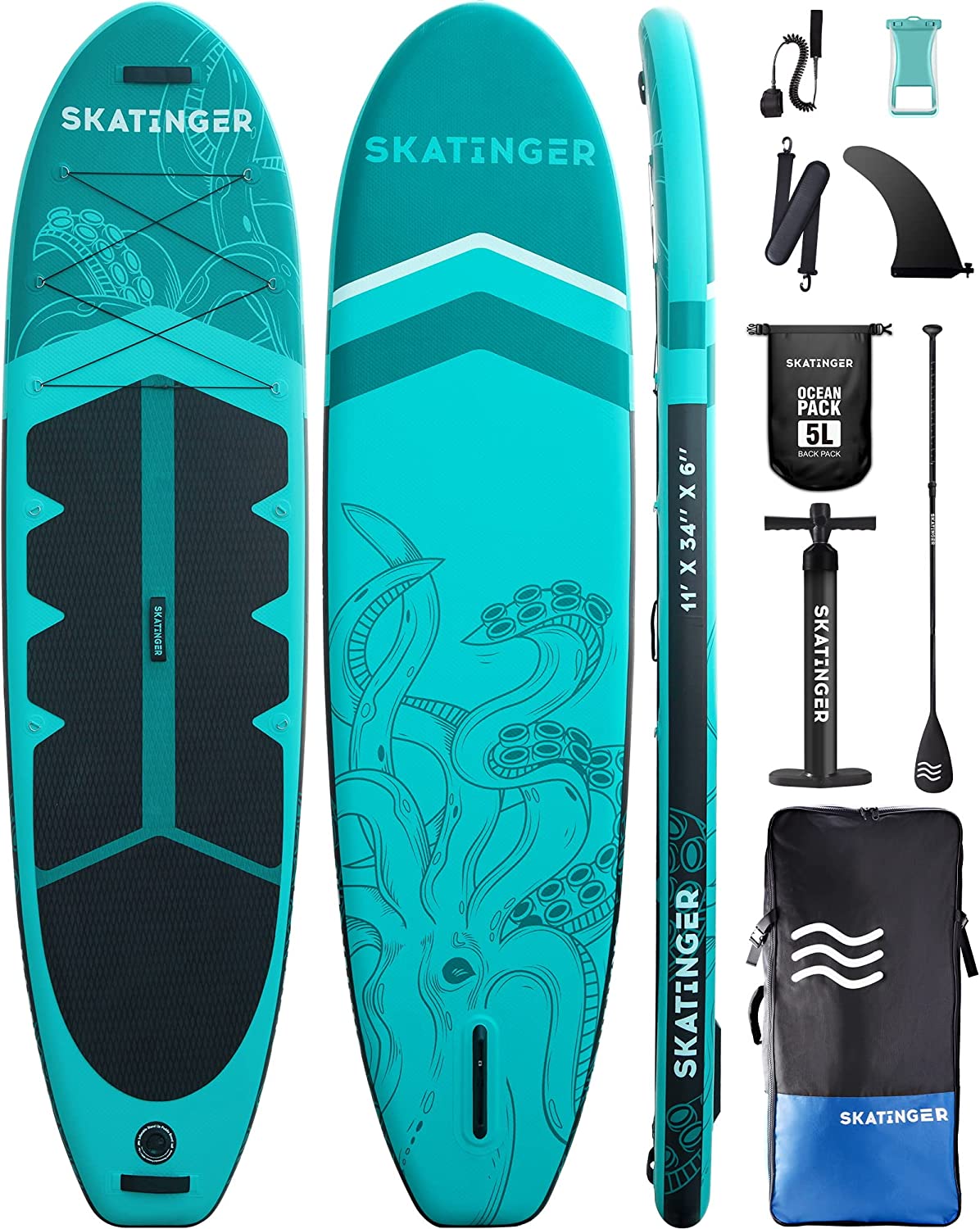 Skatinger 11'x34'' Extra Wide Inflatable Paddle Board, Up to 420lbsPaddle Boards for Adults, Stable Stand Up Paddle Board, 2 People/Family, Wide&Stable, Floating Paddle, Shoulder Strap, US Fin